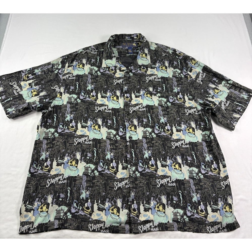 Nat Nast Silk Shirt Mens 2XL Graphic Bowling Hawaiian Rockabilly Camp